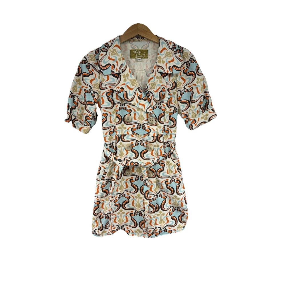 Aunt Wanda Colorful Eclectic Art To Wear Short Sleeve Trench Jacket‎ Dress XS